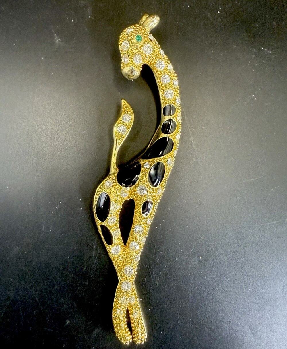 Vintage Gold Tone Black Enamel Large Giraffe Brooch Pin 6" Long Green Eyes